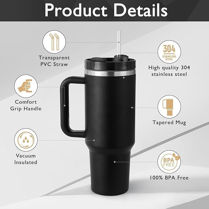 Vacuum Insulated Thermal Tumbler with Handle and Straw, Black, Hot and Cold Travel Mug 1200ml/40 oz