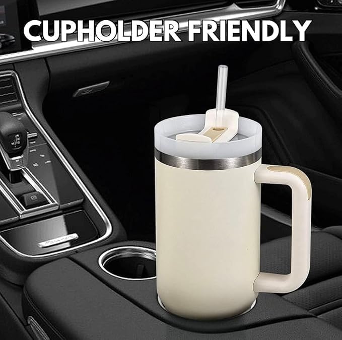 Vacuum Insulated Thermal Tumbler with Handle and Straw, Black, Hot and Cold Travel Mug 1200ml/40 oz