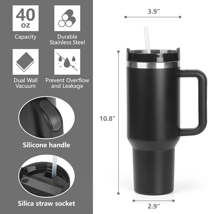Vacuum Insulated Thermal Tumbler with Handle and Straw, Black, Hot and Cold Travel Mug 1200ml/40 oz