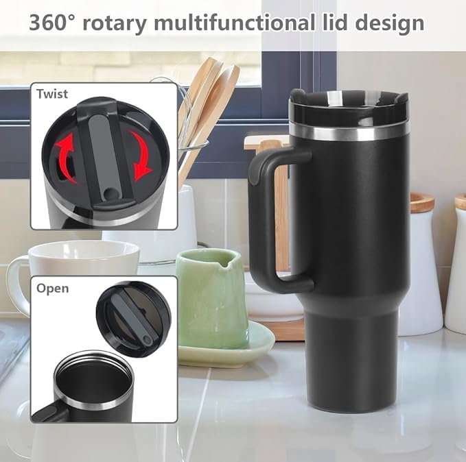 Vacuum Insulated Thermal Tumbler with Handle and Straw, Black, Hot and Cold Travel Mug 1200ml/40 oz