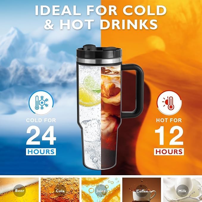 Vacuum Insulated Thermal Tumbler with Handle and Straw, Black, Hot and Cold Travel Mug 1200ml/40 oz