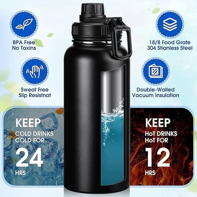 Stainless Steel Insulated Vacuum Thermos Bottle 1000 ml, Keeps Drinks Hot for 8 Hours and Cold for 24 Hours, Leakproof