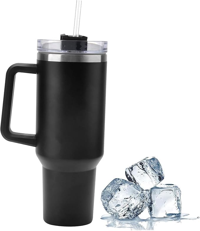Vacuum Insulated Thermal Tumbler with Handle and Straw, Black, Hot and Cold Travel Mug 1200ml/40 oz