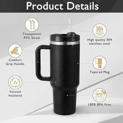Vacuum Insulated Thermal Tumbler with Handle and Straw, Black, Hot and Cold Travel Mug 1200ml/40 oz