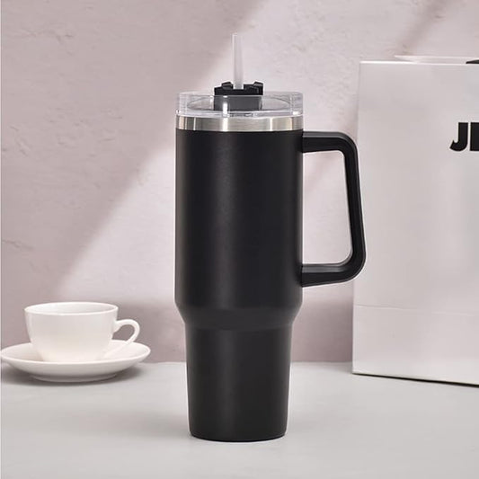 Vacuum Insulated Thermal Tumbler with Handle and Straw, Black, Hot and Cold Travel Mug 1200ml/40 oz